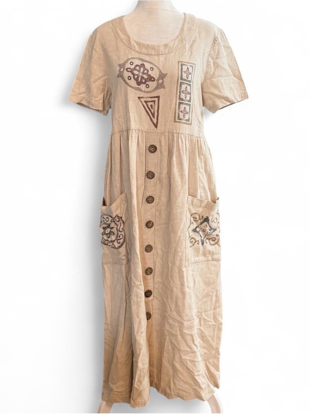 Vintage 90s Positive Attitude Linen Maxi Dress Petite M Boho Block Print